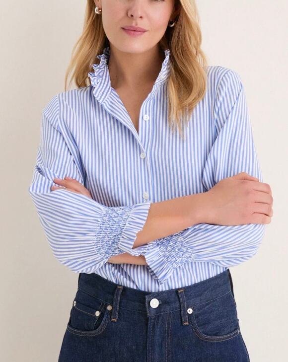 Tuckernuck Tops - Tuckernuck Blue and White Pinstripe Ruffled Collar Button-Down Blouse